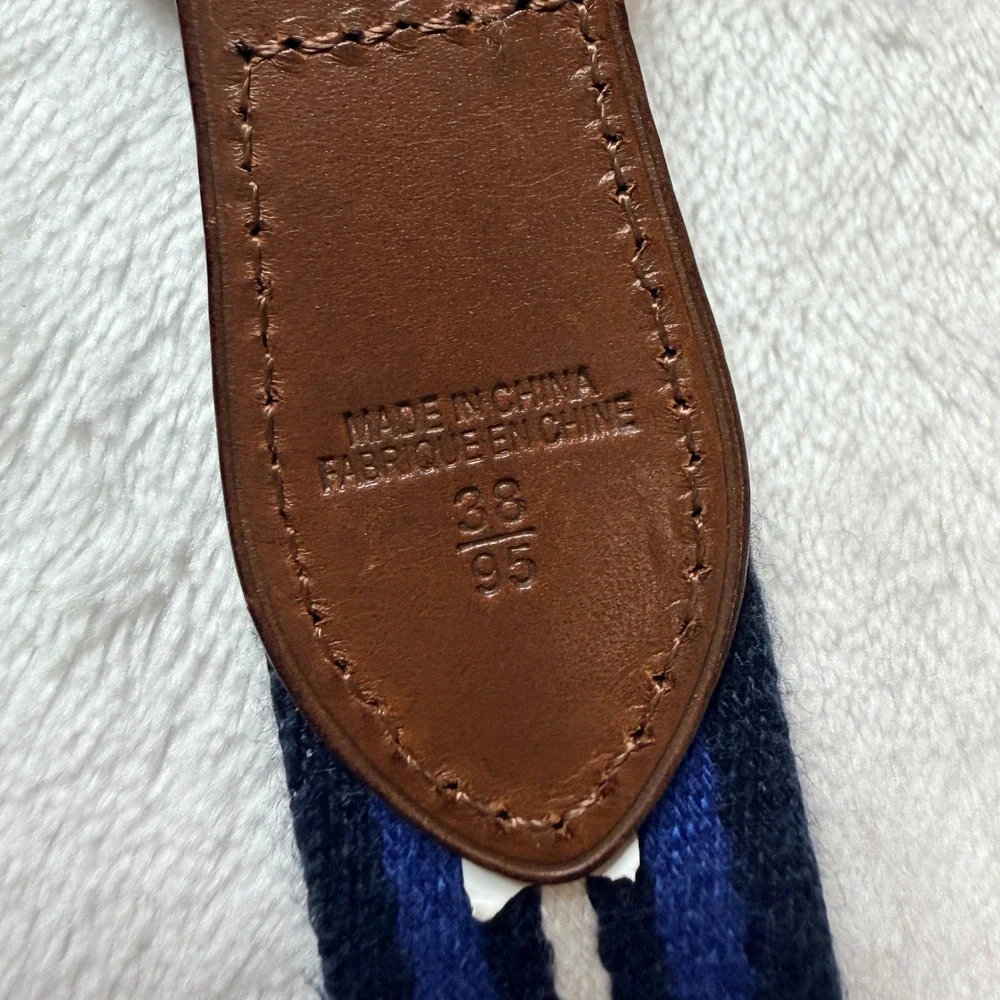 Polo Golf Ralph Lauren Navy Blue White Stripe Brown Leather Woven Fabric Belt 38